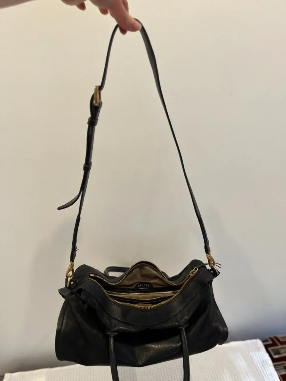 Black Leather Maiyet Bag with Detachable Shoulder Strap